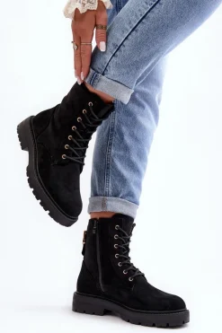 Damskie Botki Workery Na Suwak Czarne Ninsuni Damskie Botki Ocieplane|Botki Sznurowane