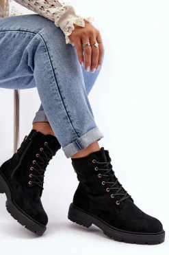 Damskie Botki Workery Na Suwak Czarne Ninsuni Damskie Botki Ocieplane|Botki Sznurowane