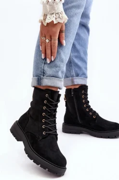 Damskie Botki Workery Na Suwak Czarne Ninsuni Damskie Botki Ocieplane|Botki Sznurowane
