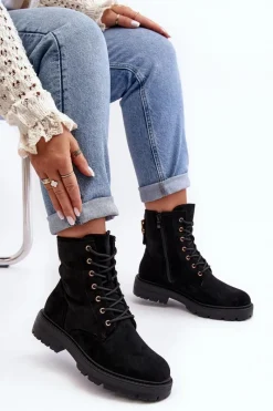 Damskie Botki Workery Na Suwak Czarne Ninsuni Damskie Botki Ocieplane|Botki Sznurowane