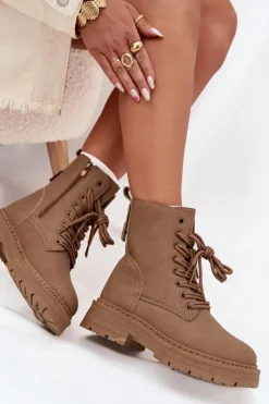 Discount Damskie Botki Workery Na Zamek Ciemnobeżowe Tirina Damskie Damskie Trapery|Botki Sznurowane