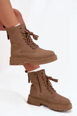 Discount Damskie Botki Workery Na Zamek Ciemnobeżowe Tirina Damskie Damskie Trapery|Botki Sznurowane