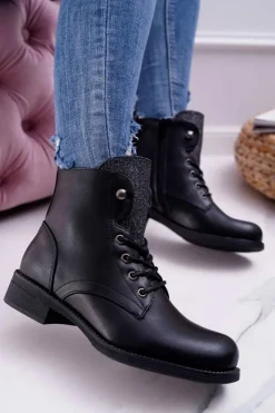 Botki Sznurowane|Botki Płaskie>Boto Damskie Botki Workery Płaski Obcas Czarne Flumen