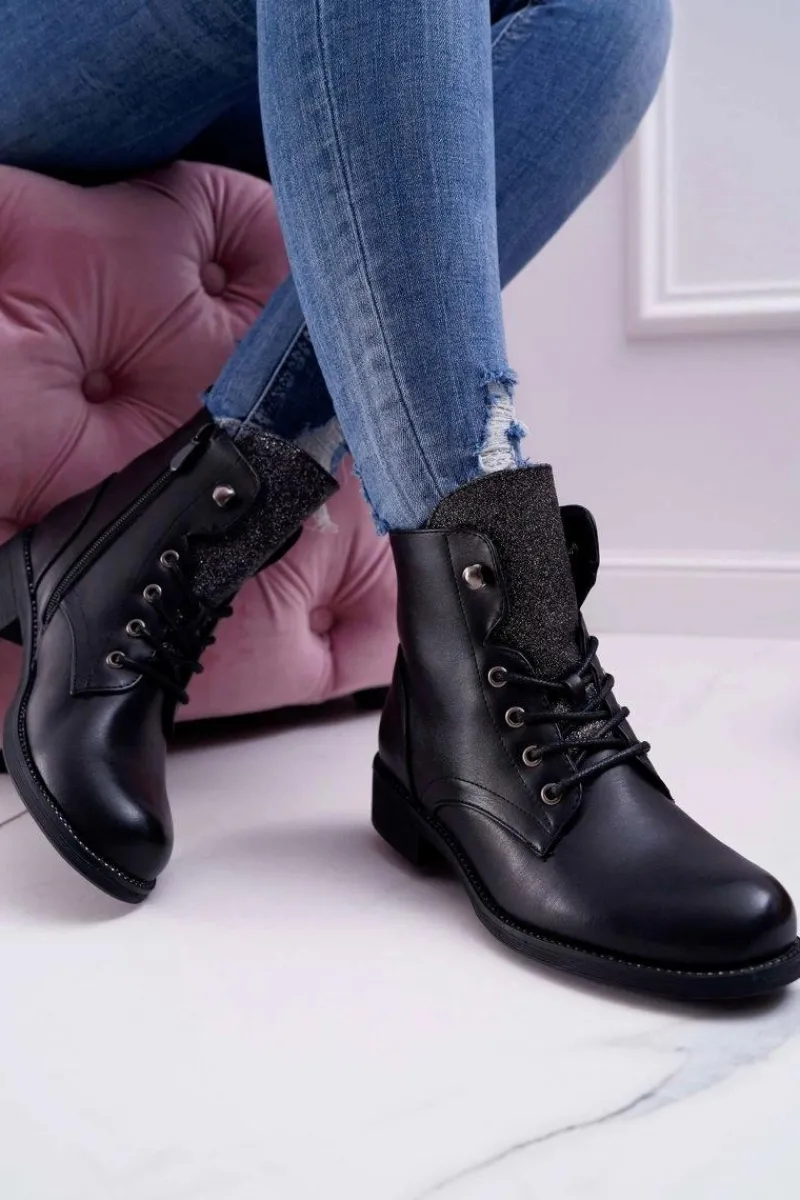 Botki Sznurowane|Botki Płaskie>Boto Damskie Botki Workery Płaski Obcas Czarne Flumen