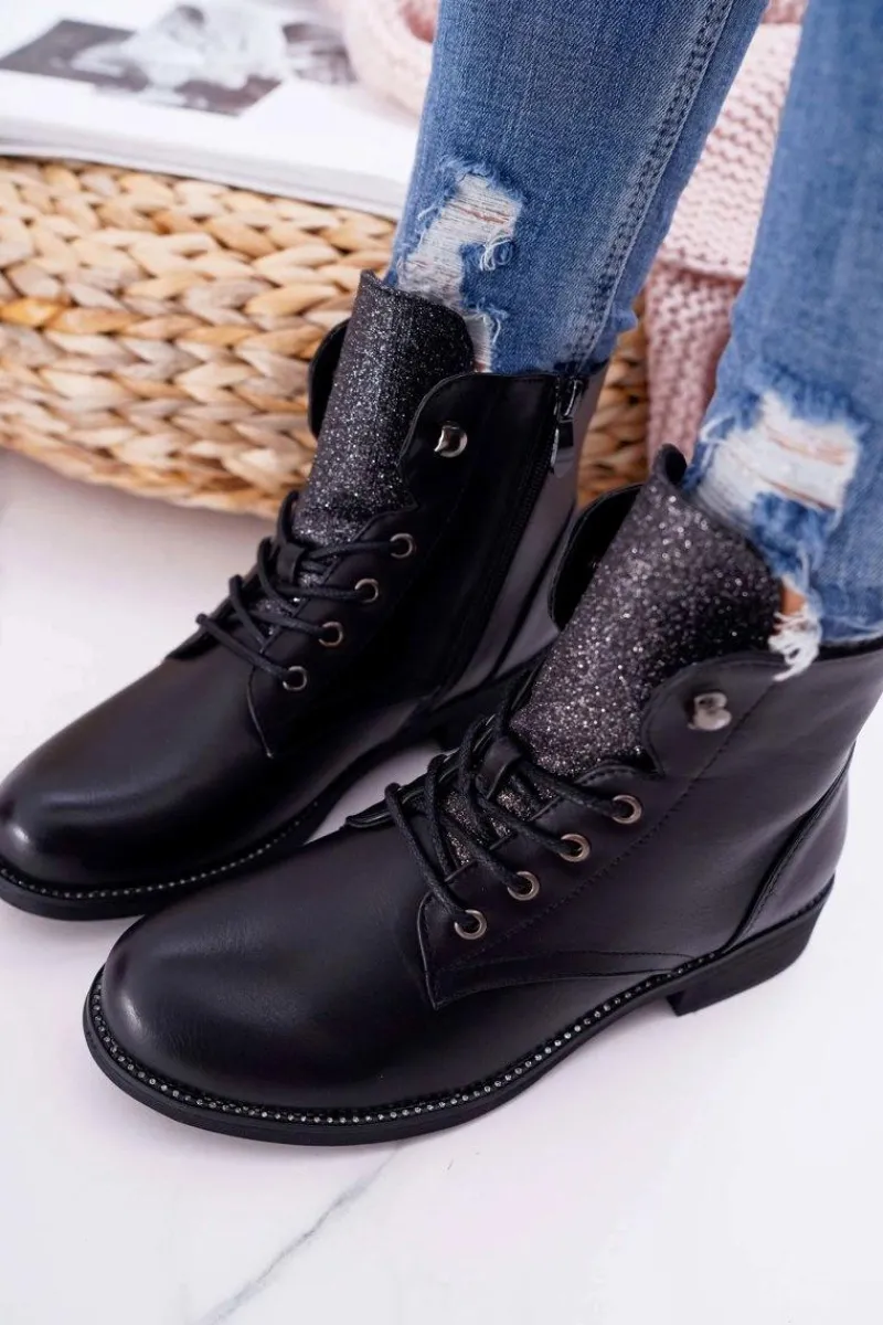 Botki Sznurowane|Botki Płaskie>Boto Damskie Botki Workery Płaski Obcas Czarne Flumen