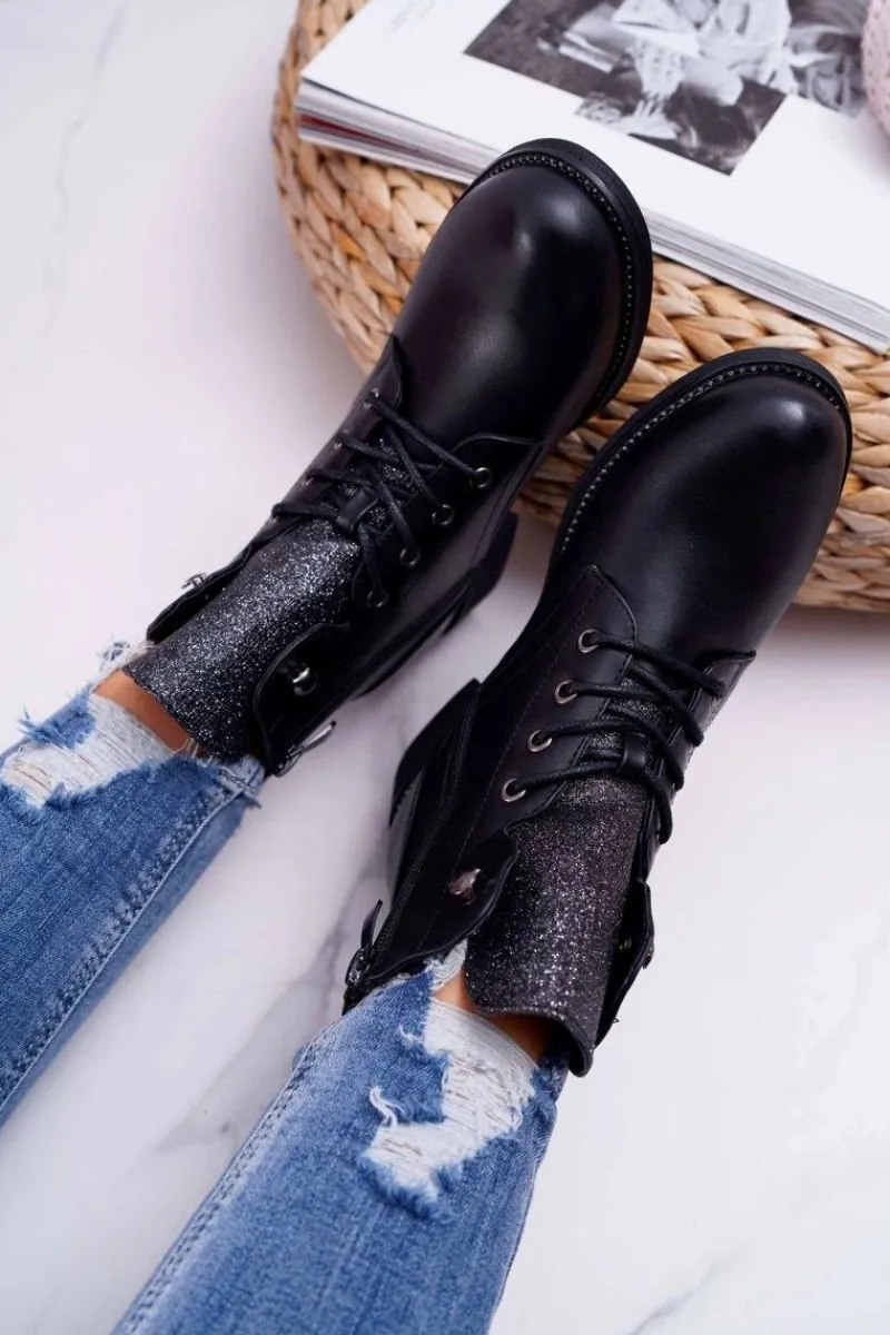 Botki Sznurowane|Botki Płaskie>Boto Damskie Botki Workery Płaski Obcas Czarne Flumen