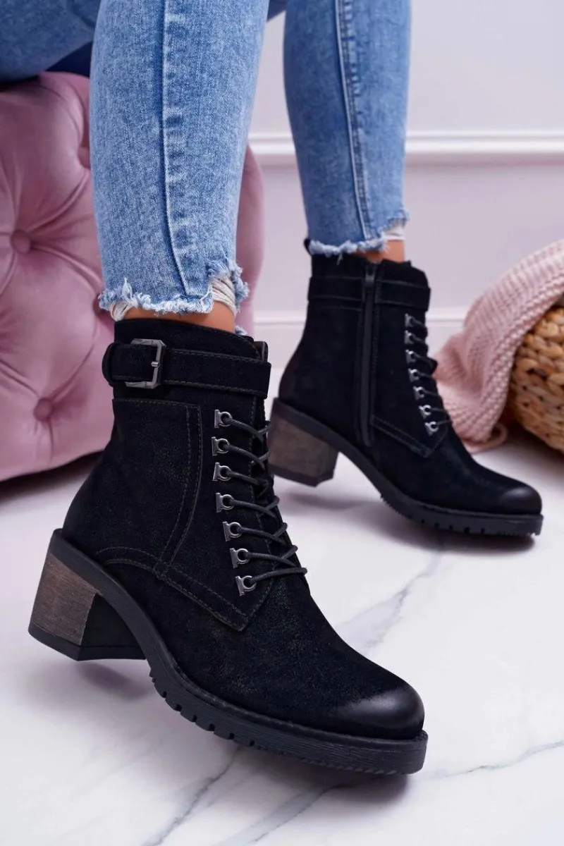 Botki Sznurowane|Botki Na Słupku>Buty Sergio Leone Damskie Botki Workery Sergio Leone Czarne BT705