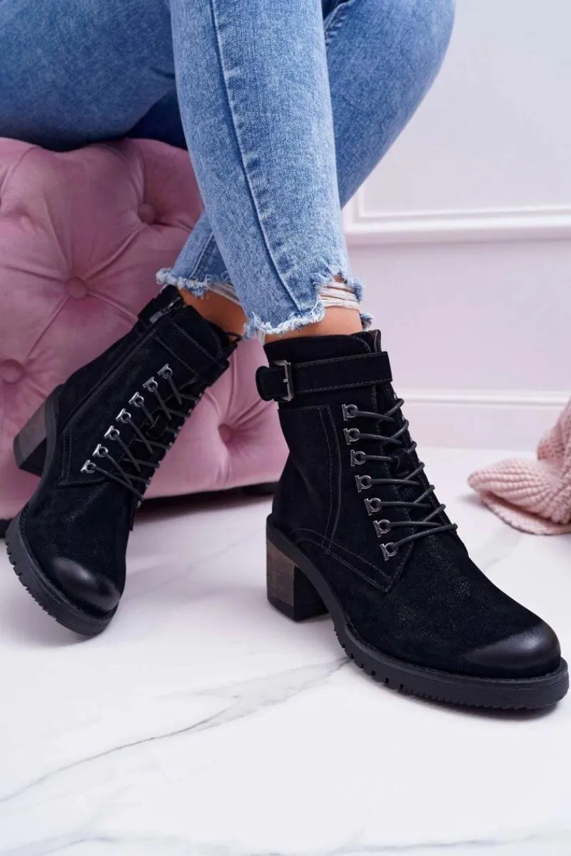 Botki Sznurowane|Botki Na Słupku>Buty Sergio Leone Damskie Botki Workery Sergio Leone Czarne BT705