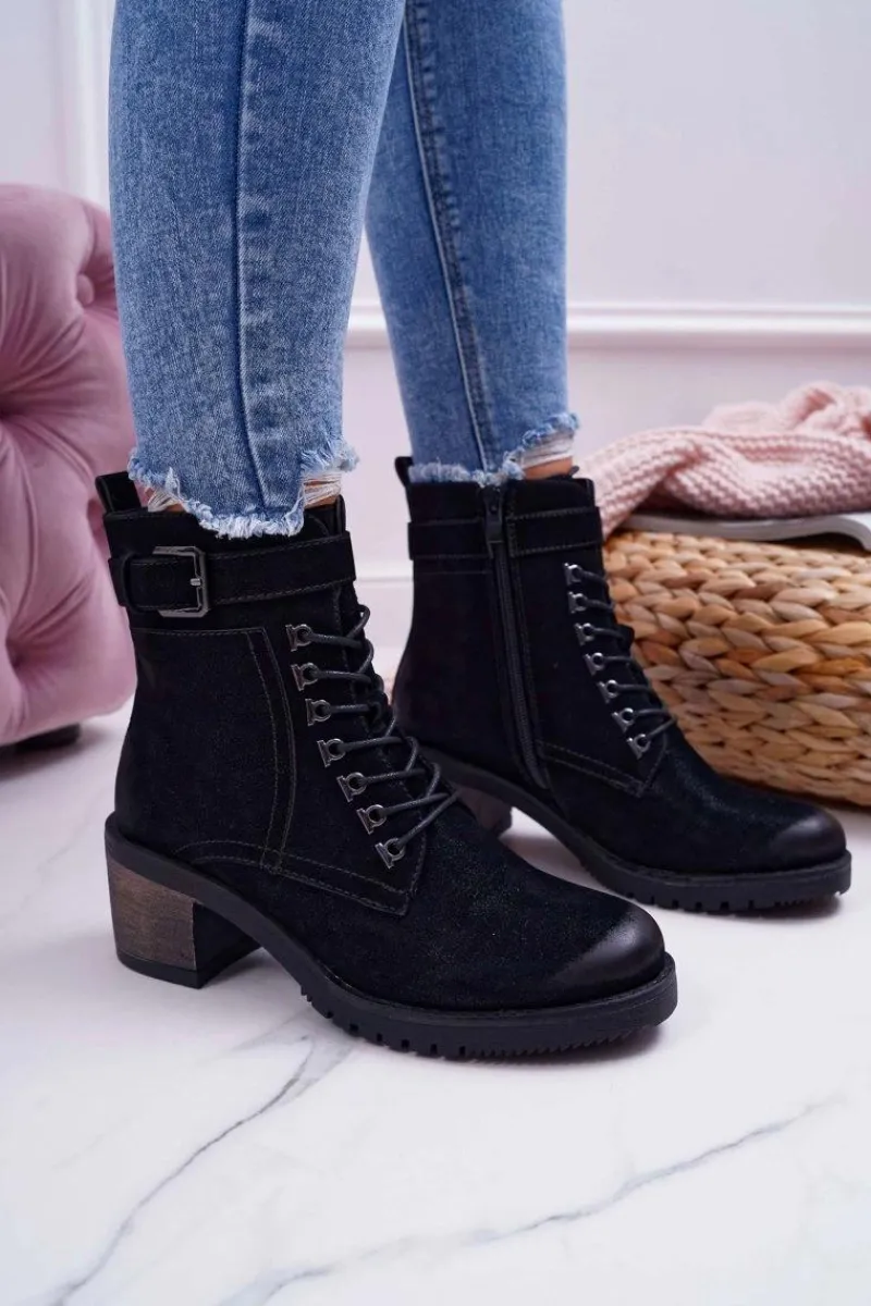 Botki Sznurowane|Botki Na Słupku>Buty Sergio Leone Damskie Botki Workery Sergio Leone Czarne BT705