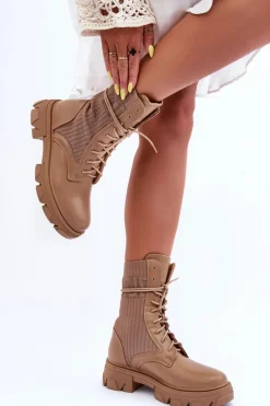 Damskie Botki Workery Sznurowane Ciemnobeżowe Marlissa Damskie Botki Sznurowane|Brązowe I Beżowe Botki