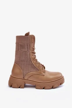 Damskie Botki Workery Sznurowane Ciemnobeżowe Marlissa Damskie Botki Sznurowane|Brązowe I Beżowe Botki