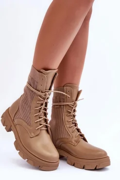 Damskie Botki Workery Sznurowane Ciemnobeżowe Marlissa Damskie Botki Sznurowane|Brązowe I Beżowe Botki