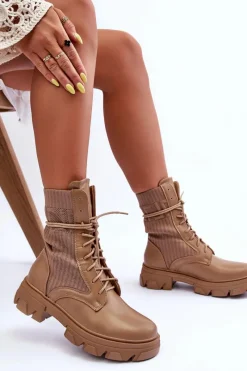 Damskie Botki Workery Sznurowane Ciemnobeżowe Marlissa Damskie Botki Sznurowane|Brązowe I Beżowe Botki