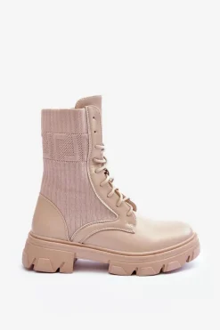 Outlet Damskie Botki Workery Sznurowane Beżowe Marlissa Damskie Botki Sznurowane|Brązowe I Beżowe Botki