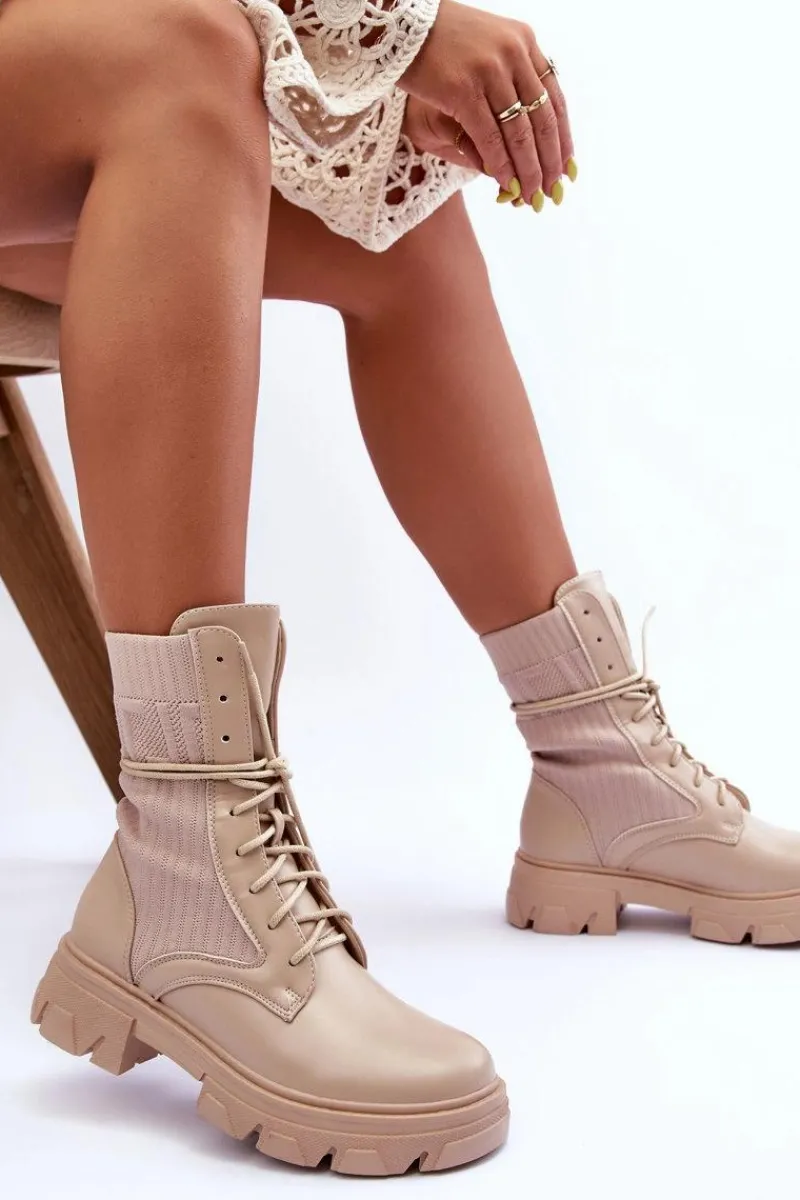 Outlet Damskie Botki Workery Sznurowane Beżowe Marlissa Damskie Botki Sznurowane|Brązowe I Beżowe Botki