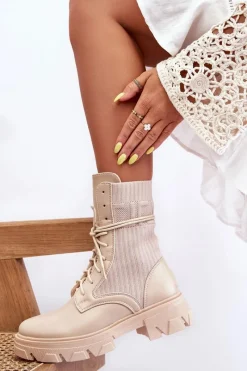 Outlet Damskie Botki Workery Sznurowane Beżowe Marlissa Damskie Botki Sznurowane|Brązowe I Beżowe Botki