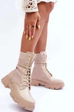 Outlet Damskie Botki Workery Sznurowane Beżowe Marlissa Damskie Botki Sznurowane|Brązowe I Beżowe Botki