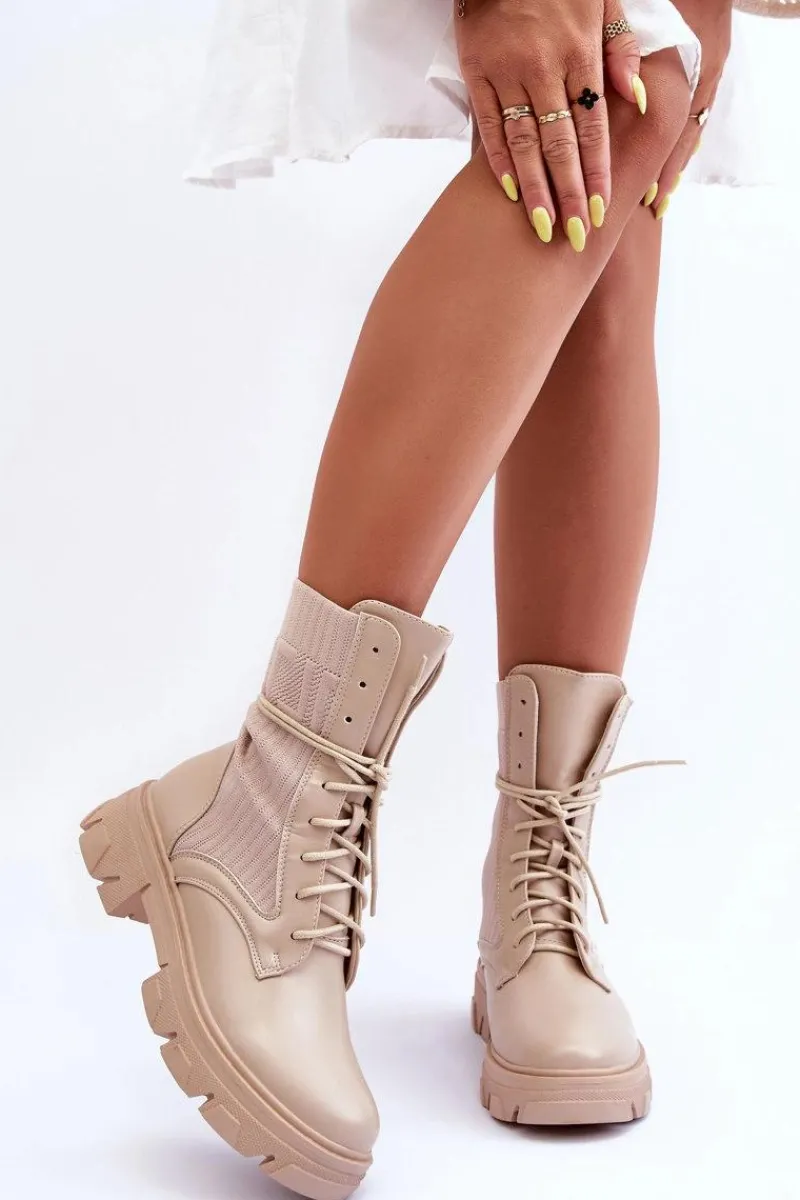 Outlet Damskie Botki Workery Sznurowane Beżowe Marlissa Damskie Botki Sznurowane|Brązowe I Beżowe Botki