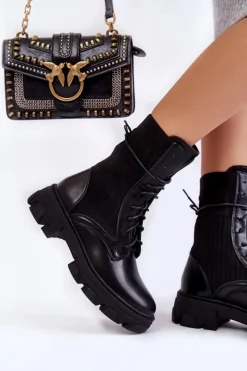 Online Boto Damskie Botki Workery Sznurowane Czarne Marlissa