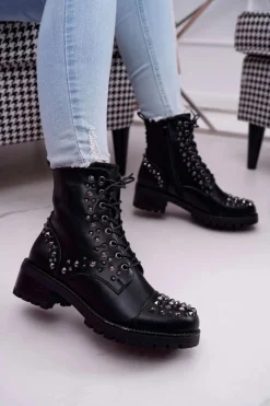 Discount Damskie Botki Workery Z Dżetami Czarne Gether Damskie Botki Sznurowane|Botki Zimowe Damskie