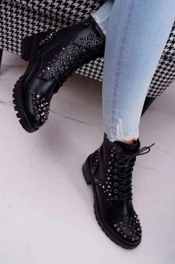 Discount Damskie Botki Workery Z Dżetami Czarne Gether Damskie Botki Sznurowane|Botki Zimowe Damskie