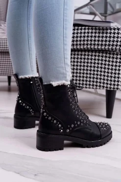 Discount Damskie Botki Workery Z Dżetami Czarne Gether Damskie Botki Sznurowane|Botki Zimowe Damskie