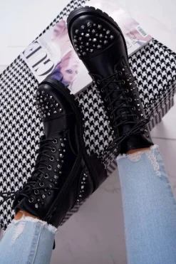 Discount Damskie Botki Workery Z Dżetami Czarne Gether Damskie Botki Sznurowane|Botki Zimowe Damskie