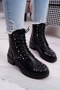 Discount Damskie Botki Workery Z Dżetami Czarne Gether Damskie Botki Sznurowane|Botki Zimowe Damskie