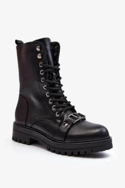 New Damskie Botki Workery Z Ozdobą Czarne Belluxe Damskie Botki Sznurowane|Czarne Botki