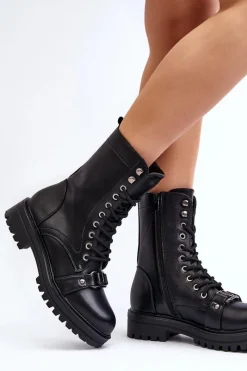 New Damskie Botki Workery Z Ozdobą Czarne Belluxe Damskie Botki Sznurowane|Czarne Botki