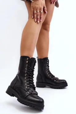 New Damskie Botki Workery Z Ozdobą Czarne Belluxe Damskie Botki Sznurowane|Czarne Botki