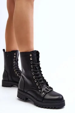 New Damskie Botki Workery Z Ozdobą Czarne Belluxe Damskie Botki Sznurowane|Czarne Botki