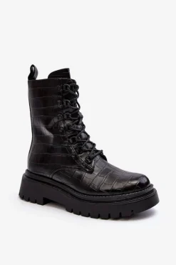 Discount Damskie Botki Workery Z Ozdobnym Tłoczeniem Czarne Tarolia Damskie Botki Sznurowane|Czarne Botki