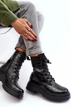 Discount Damskie Botki Workery Z Ozdobnym Tłoczeniem Czarne Tarolia Damskie Botki Sznurowane|Czarne Botki