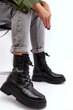 Discount Damskie Botki Workery Z Ozdobnym Tłoczeniem Czarne Tarolia Damskie Botki Sznurowane|Czarne Botki