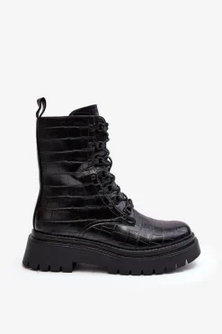 Discount Damskie Botki Workery Z Ozdobnym Tłoczeniem Czarne Tarolia Damskie Botki Sznurowane|Czarne Botki