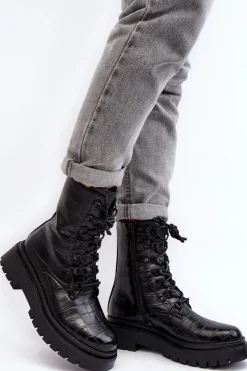 Discount Damskie Botki Workery Z Ozdobnym Tłoczeniem Czarne Tarolia Damskie Botki Sznurowane|Czarne Botki