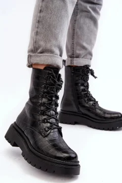 Discount Damskie Botki Workery Z Ozdobnym Tłoczeniem Czarne Tarolia Damskie Botki Sznurowane|Czarne Botki
