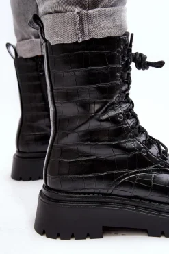 Discount Damskie Botki Workery Z Ozdobnym Tłoczeniem Czarne Tarolia Damskie Botki Sznurowane|Czarne Botki