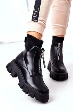 Boto Damskie Botki Workery Z Suwakiem Czarne Cheers