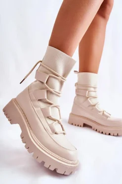 Outlet Damskie Botki Workery Ze Skarpetą Beżowe Fallor Damskie Botki Zimowe Damskie|Brązowe I Beżowe Botki