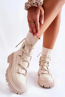 Outlet Damskie Botki Workery Ze Skarpetą Beżowe Fallor Damskie Botki Zimowe Damskie|Brązowe I Beżowe Botki