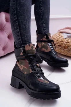 Hot Damskie Botki Wysokie Czarne Moro Trapery Nemtere Damskie Botki Sznurowane|Botki Zimowe Damskie