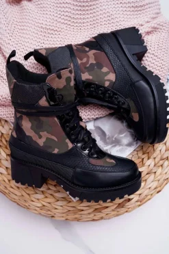 Hot Damskie Botki Wysokie Czarne Moro Trapery Nemtere Damskie Botki Sznurowane|Botki Zimowe Damskie