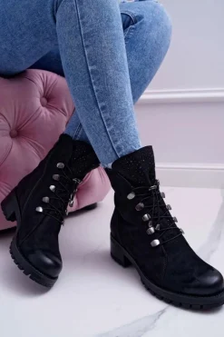 Botki Sznurowane|Botki Zimowe Damskie>Damskie buty S.Barski Damskie Botki Wysokie Czarne Barski 18-52