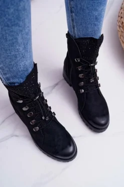 Botki Sznurowane|Botki Zimowe Damskie>Damskie buty S.Barski Damskie Botki Wysokie Czarne Barski 18-52