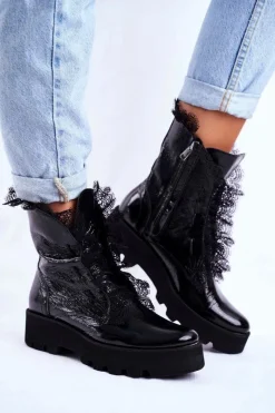 Botki Sznurowane|Czarne Botki>Boto Damskie Botki Wysokie Lakierowane Skórzane Montegero