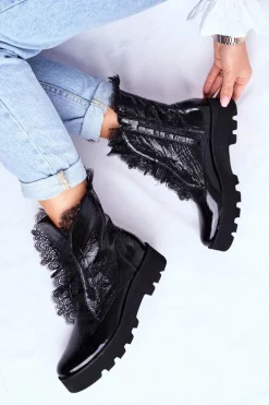 Botki Sznurowane|Czarne Botki>Boto Damskie Botki Wysokie Lakierowane Skórzane Montegero