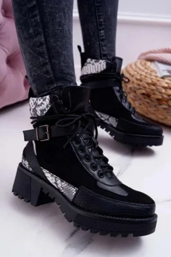 Botki Sznurowane|Botki Zimowe Damskie>Boto Damskie Botki Wysokie Trapery Snake Czarne Nemtere
