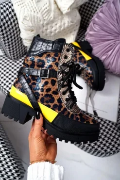Hot Damskie Botki Wysokie Trapery Leopard Femida Damskie Botki Sznurowane|Botki Zimowe Damskie